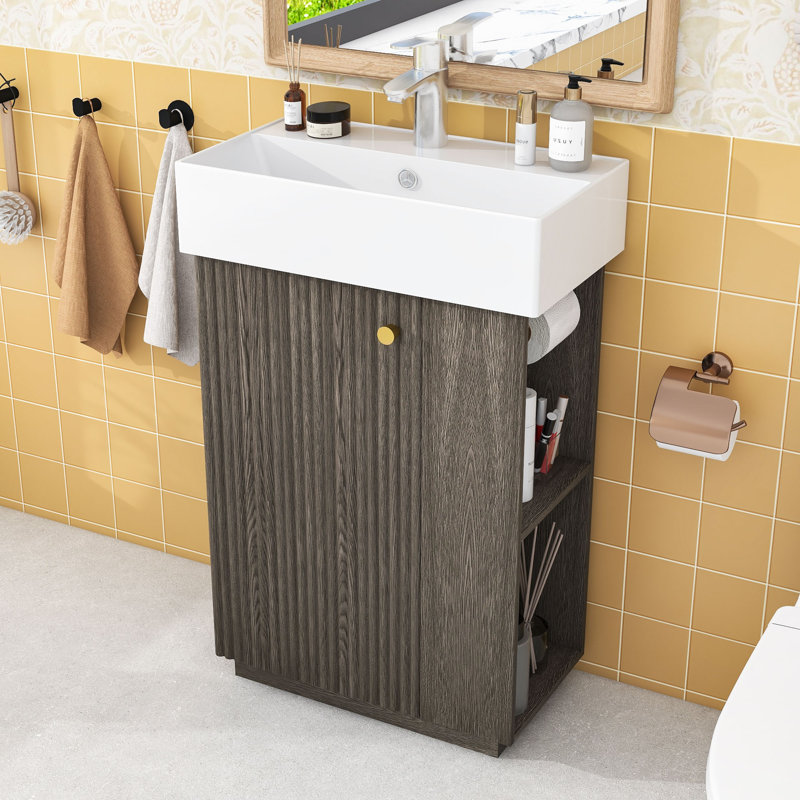 Meuble-lavabo autoportant avec lavabo en céramique, tablettes ouvertes et armoire à fermeture en douceur, Gris foncé