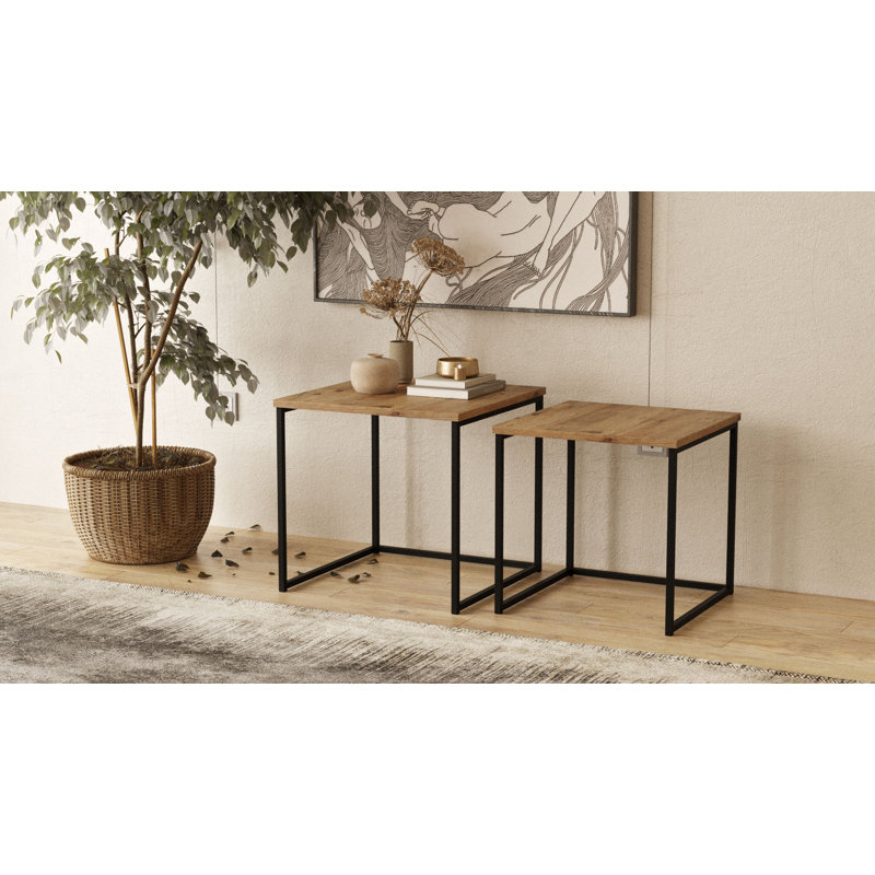 Roshaad Modern Nesting Tables (2 Pieces), Atlantic Pine Color, 19.7 x 18.9 x 19.7 inches | 100% Melamine Coated Particle Board, Thickness: 0.7 inches | Sturdy Metal Frame, Ideal for Industrial Home Décor & Space-Saving Solutions