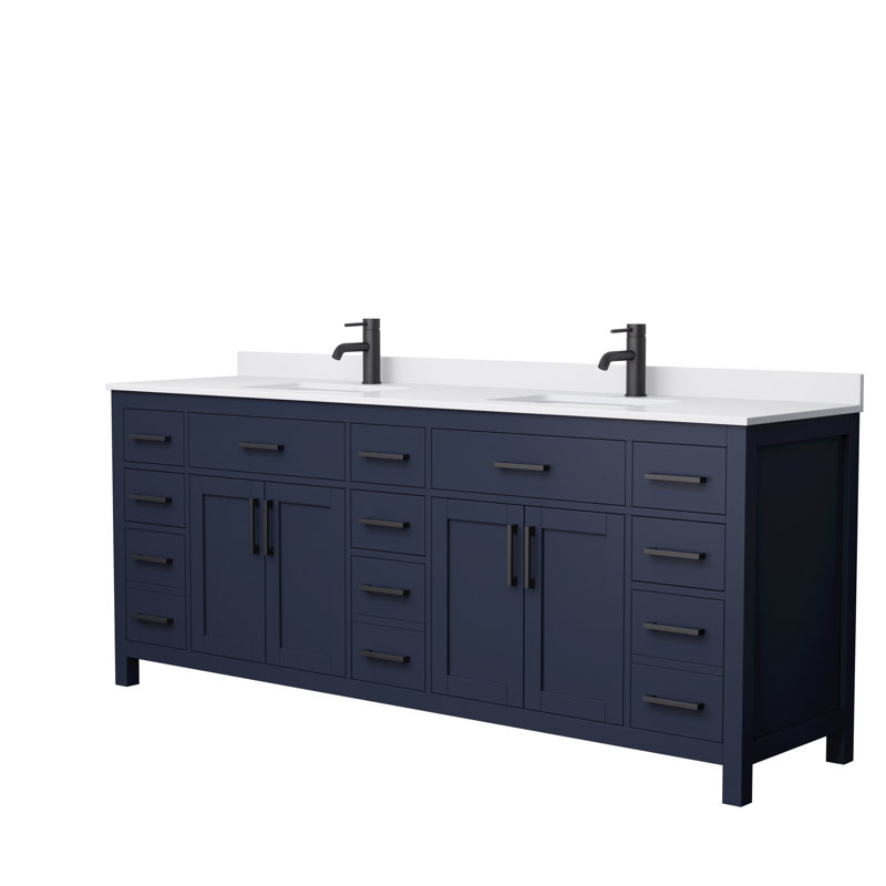 Beckett 84" Freestanding Double Bathroom Vanity with Cultured Marble Top, Dark Blue, White Cultured Marble, Matte Black