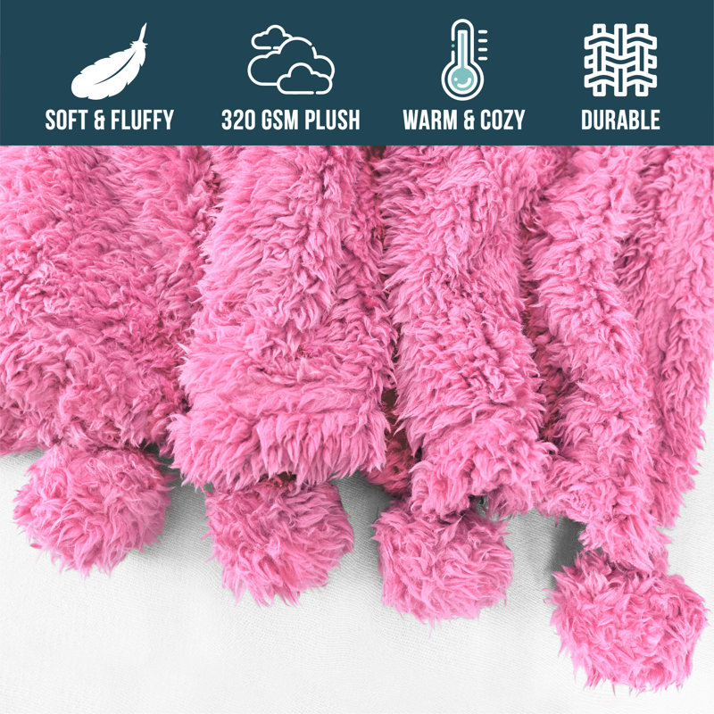 Hot Pink Twin Sherpa Fleece Blanket with Pom Poms