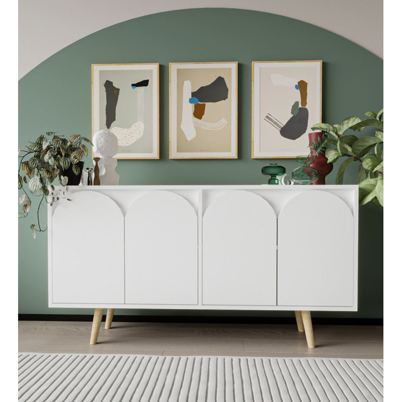 Lilliana Arched 4 Door Accent Sideboard With Wooden Legs, White