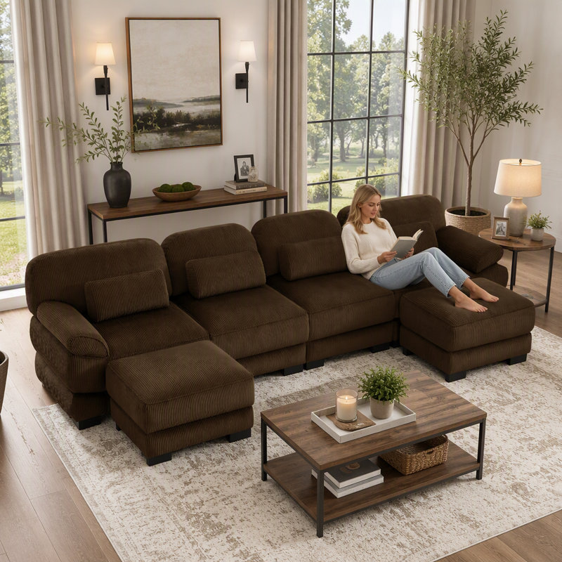 Canapé modulaire en L surdimensionné en forme de L Cloud Couch, canapé 4 places avec repose-pieds, coussins de siège épais et confortables, tissu en velours côtelé respirant