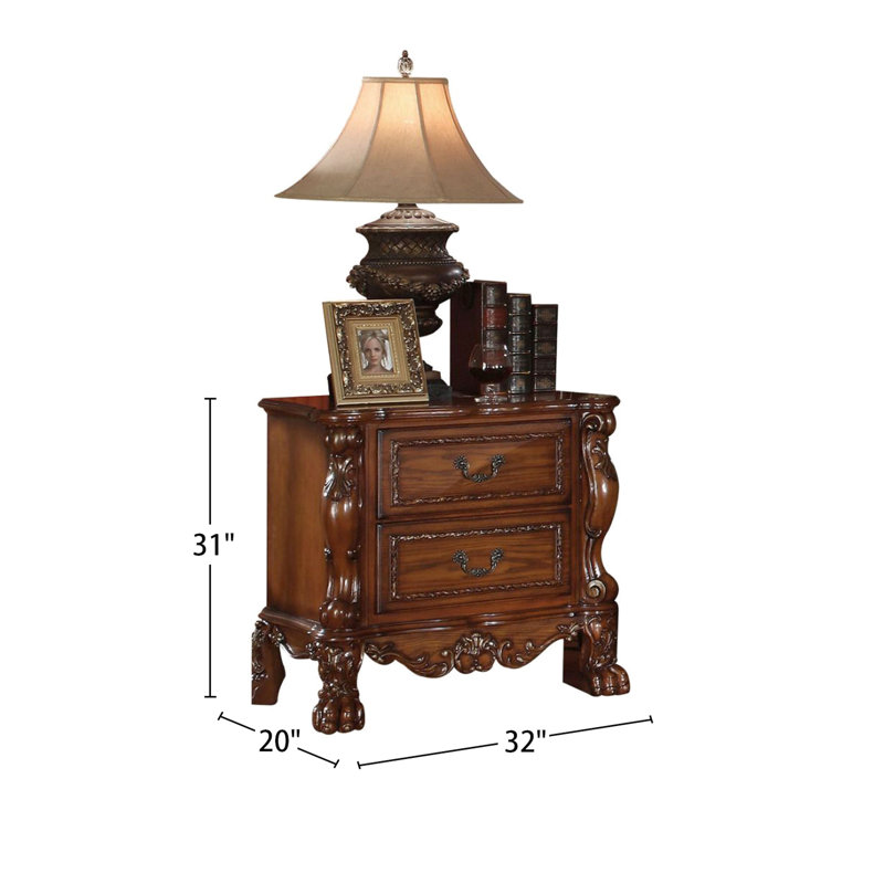 Table de chevet en bois pour chambre à coucher en chêne cerisier - 2 tiroirs avec espaces doublés de feutre, bois massif + intérieur en feutre brun avec glissières en métal, glissières