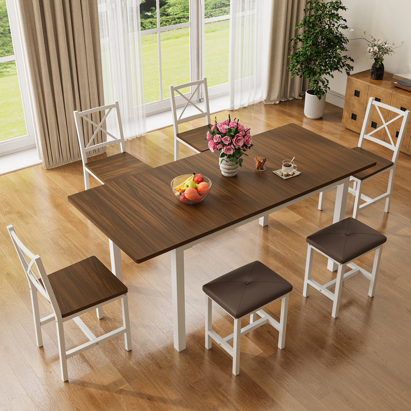 Farmhouse Style 7-Piece Dining Table Set For 4-6 People, 63" Extendable Kitchen Table Set With 4 Dining Chairs And 2 PU Upholstered Stools