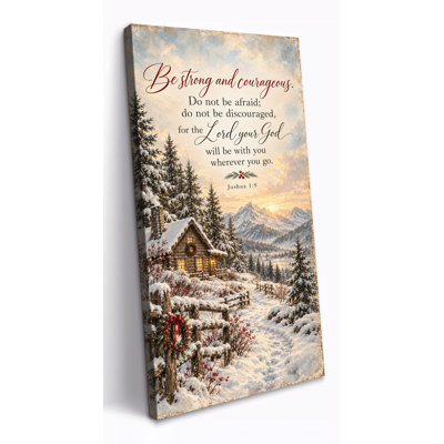 Tableau vertical extra large sur toile, représentant un verset biblique d'hiver, un chalet enneigé et des montagnes, Josué 1:9, « Sois fort », idéal pour le salon, la chambre ou le bureau. Prêt à accrocher, 71 x 147 cm.