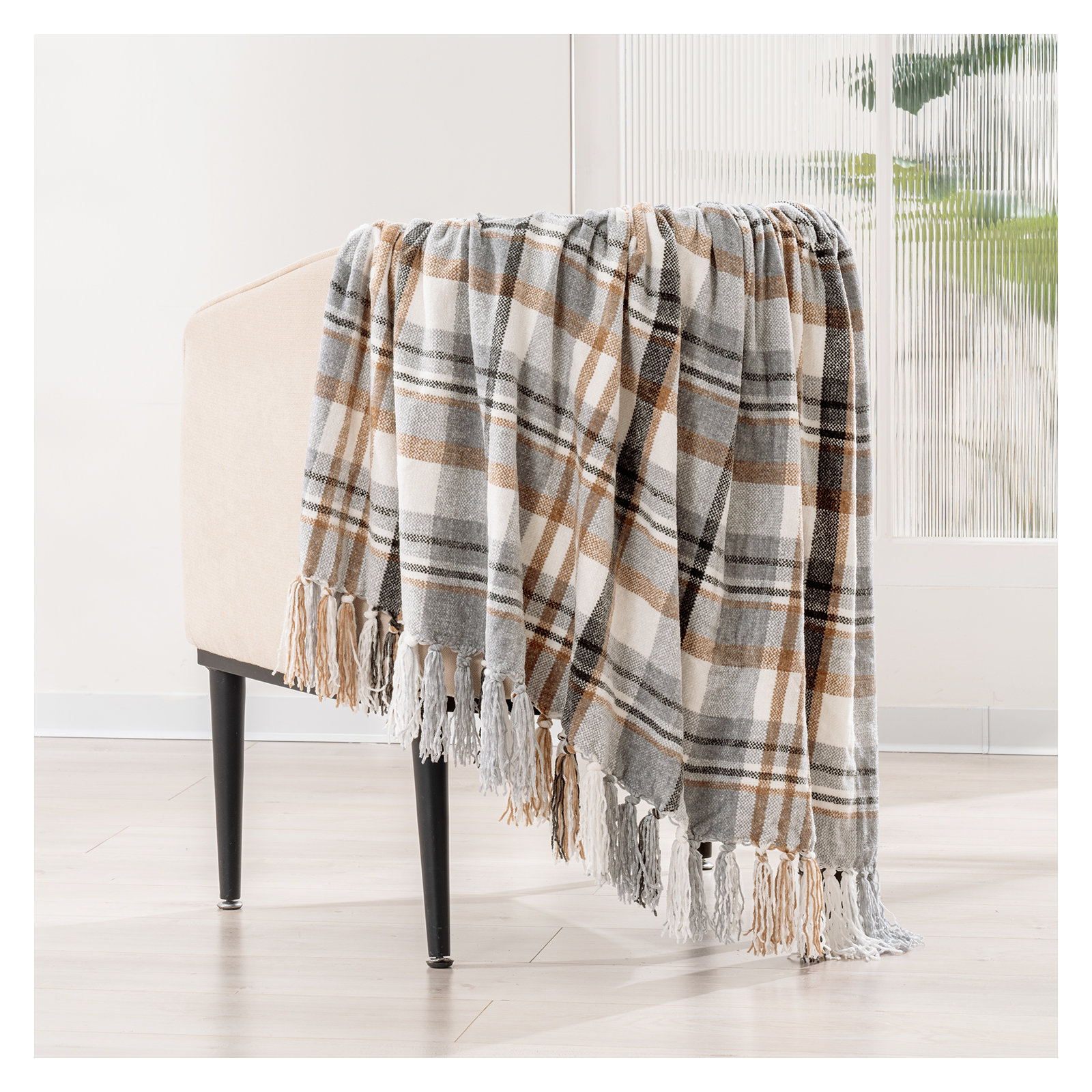 Soft Chenille Throw Blanket, 80" L x 60" W, Gray/Warm Beige Plaid
