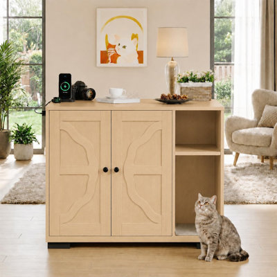 Grand bac à litière avec prise de courant, armoire pour chat avec tablette anti-chien et tapis à gratter, table de bout dissimulée pour la plupart des bacs à litière