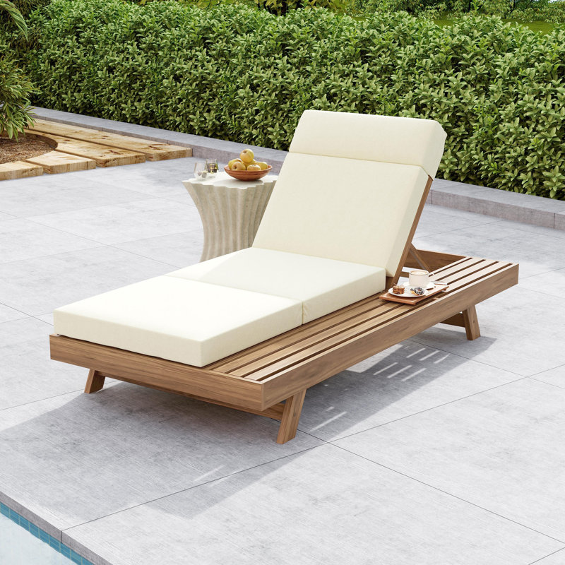 Porter Patio Acacia Wood Chaise Lounge with Adjustable Back & Tri-Fold Headrest Cushion, Beige Cushion/Light Brown Frame