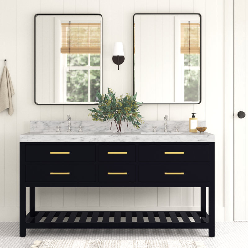 Ensemble de meuble-lavabo double 60 po Carrie, Noir onyx / or brossé, Marbre blanc de Carrare