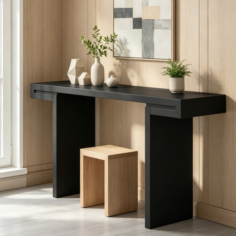 Console géométrique 60 pouces avec finition peinte et pieds réglables, Noir