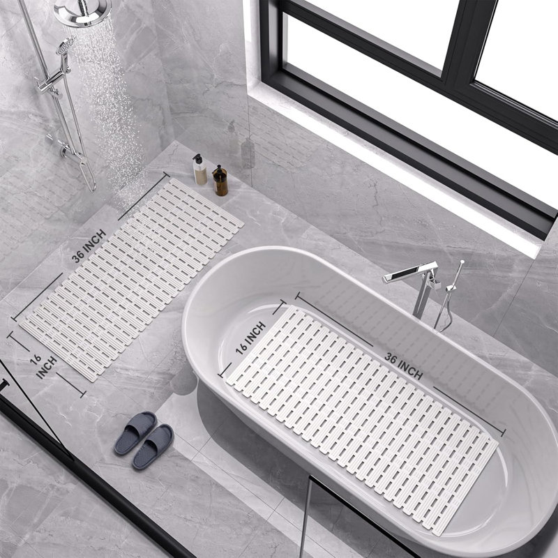 Tapis de douche antidérapant blanc 36 po x 16 po avec ventouses et drains