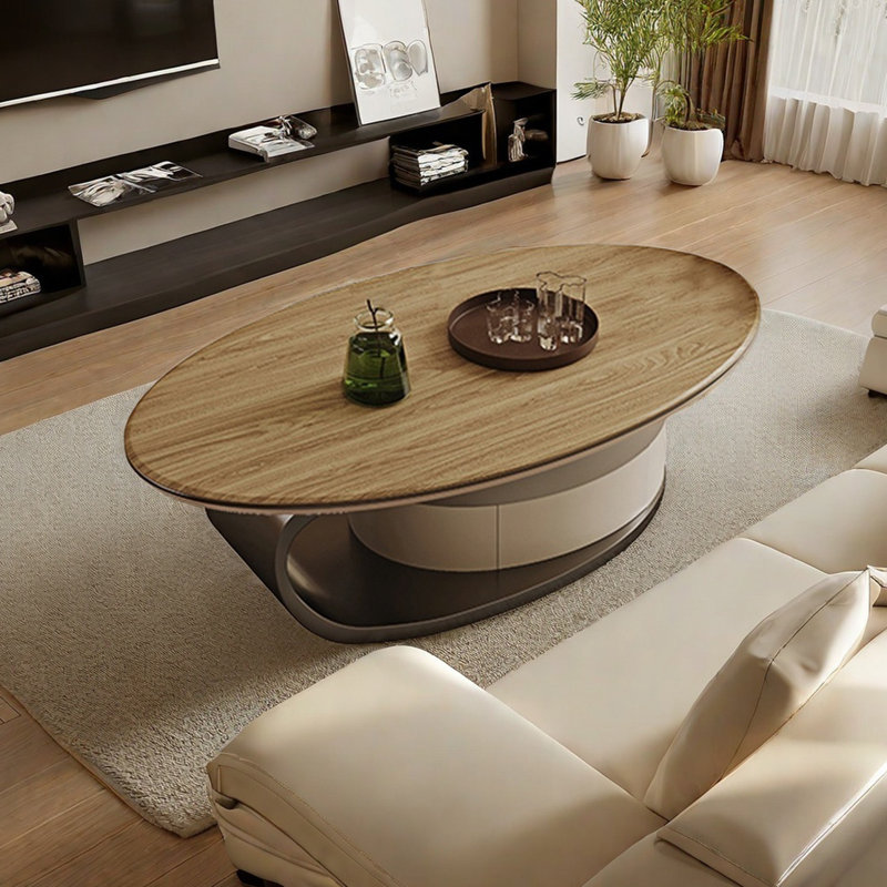 Modern oval solid wood storage coffee table, 16.5" H x 47.2" L x 27.6" W