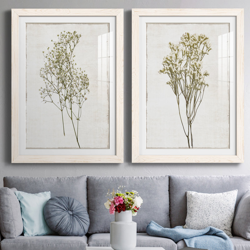 «Farmhouse Pressed Flower I», ensemble de 2 impressions, H 44 po x l 31 po x P 1 po, Papier encadré blanc