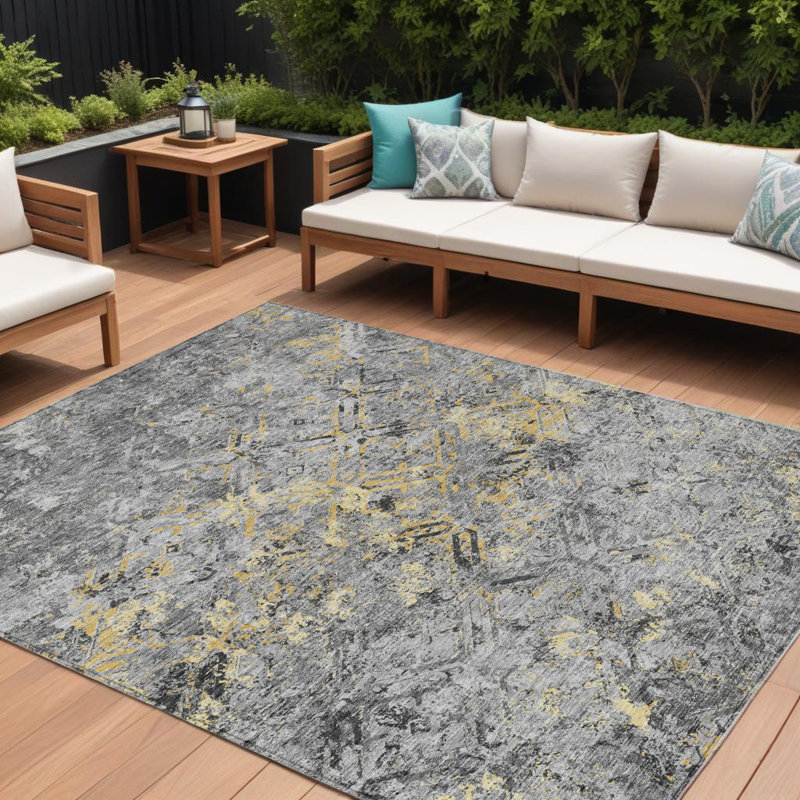 Tapis extérieur lavable à motif géométrique gris argenté 10 pi x 14 pi