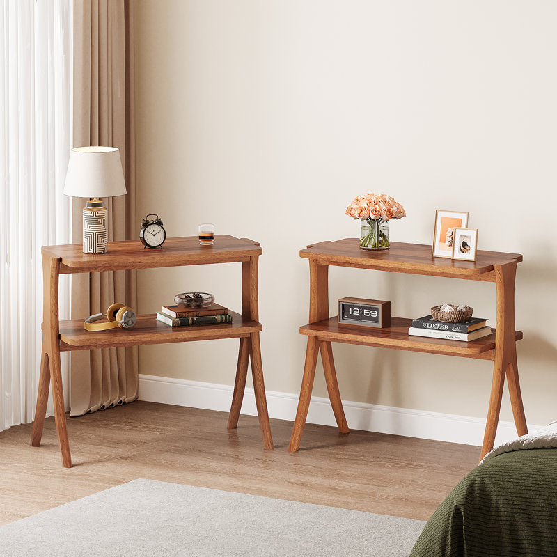 2-Tier End Table Set (Set Of 2), 24.6'' Tall Side Table With Solid Wood Legs, Walnut