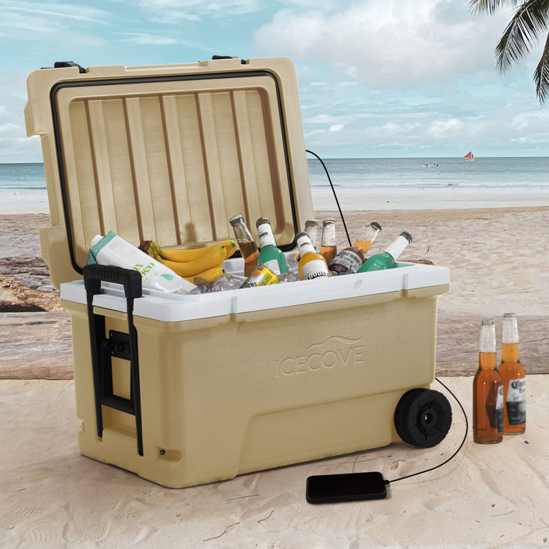 Sunjoy 60-Quart Insulated Portable Rolling Ice Chest Solar Cooler with Wheels for Party, Camping and Outdoor Activities