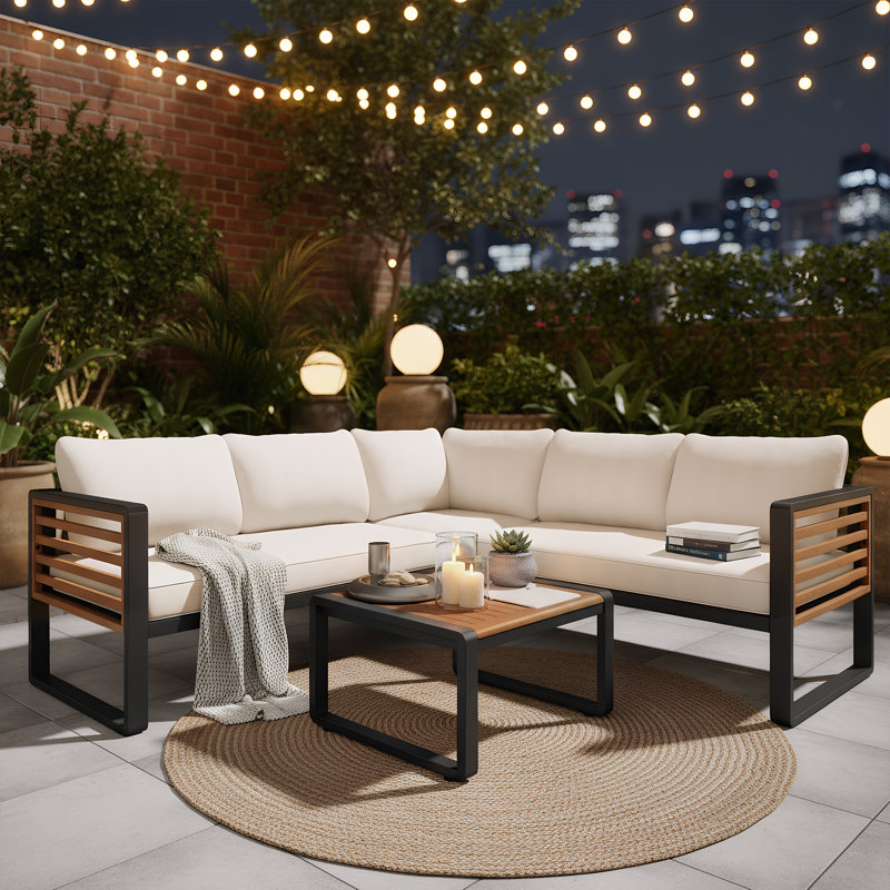 Canapé d'angle extérieur 5 places en forme de L (193 cm) avec table basse et coussins moelleux, ensemble de conversation pour patio avec structure en acier et en bois