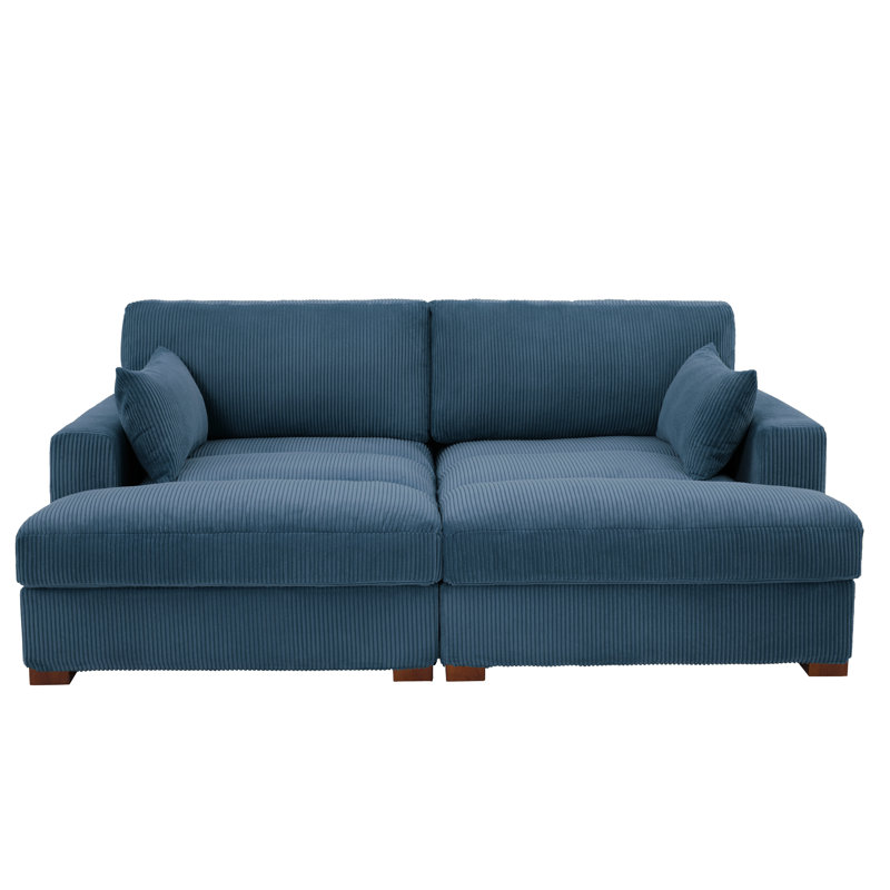 Canapé-lit modulaire avec accoudoirs et coussins décoratifs en velours côtelé bleu marine Bentura, Marine