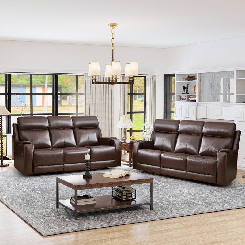 81.09" W Top Genuine Leather Power Reclining Sofa With Adjustable Headrest, USB & Wireless Charging(Set Of 2), Espresso Brown