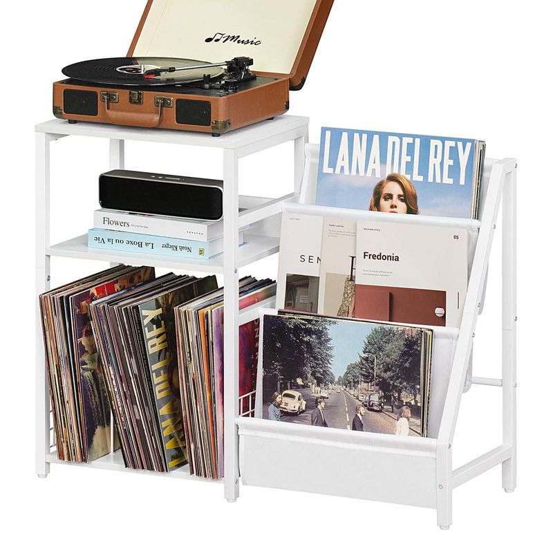 Natural White Vinyl Record Player Stand With Large Storage And Display Shelf