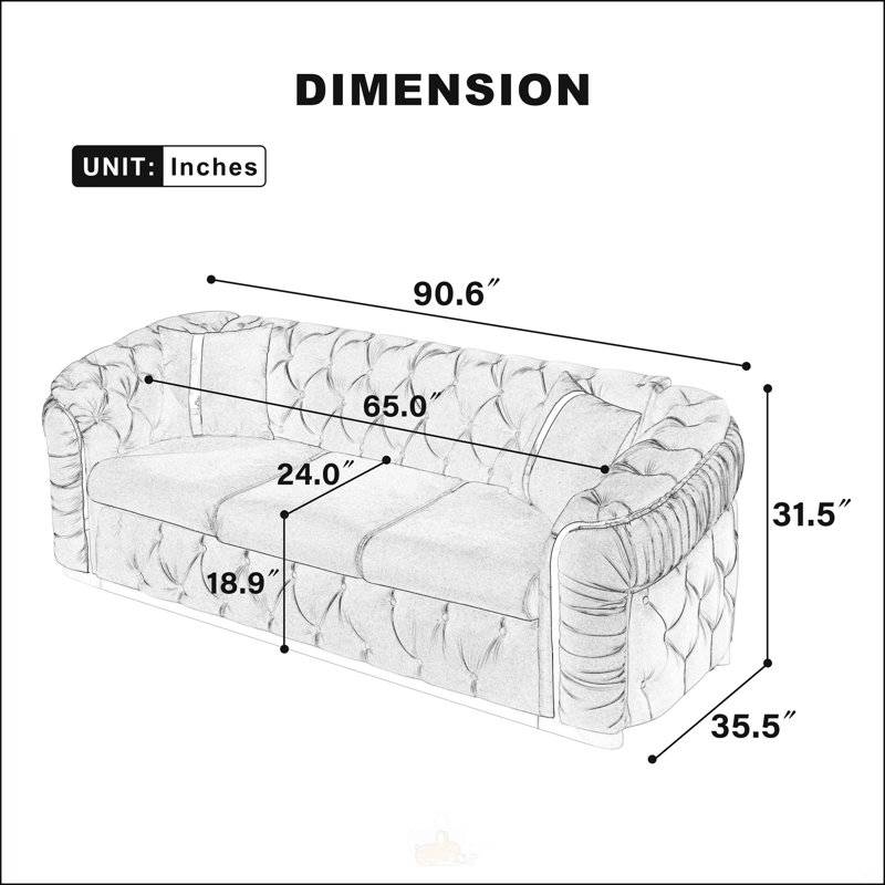Canapé 90,6 pouces en velours capitonné avec 2 coussins, Noir