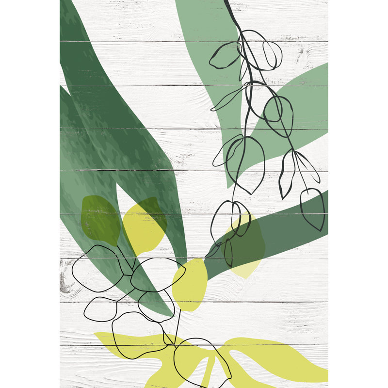 Silhouette botanique en vert et jaune sur toile tendue de bois rustique, H 24 po x l 36 po