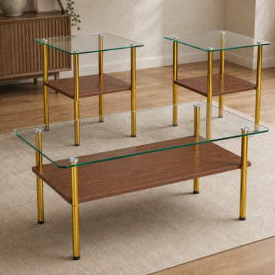 Ensemble de 3 tables basses et tables de bout, plateaux en verre trempé, pieds en métal doré