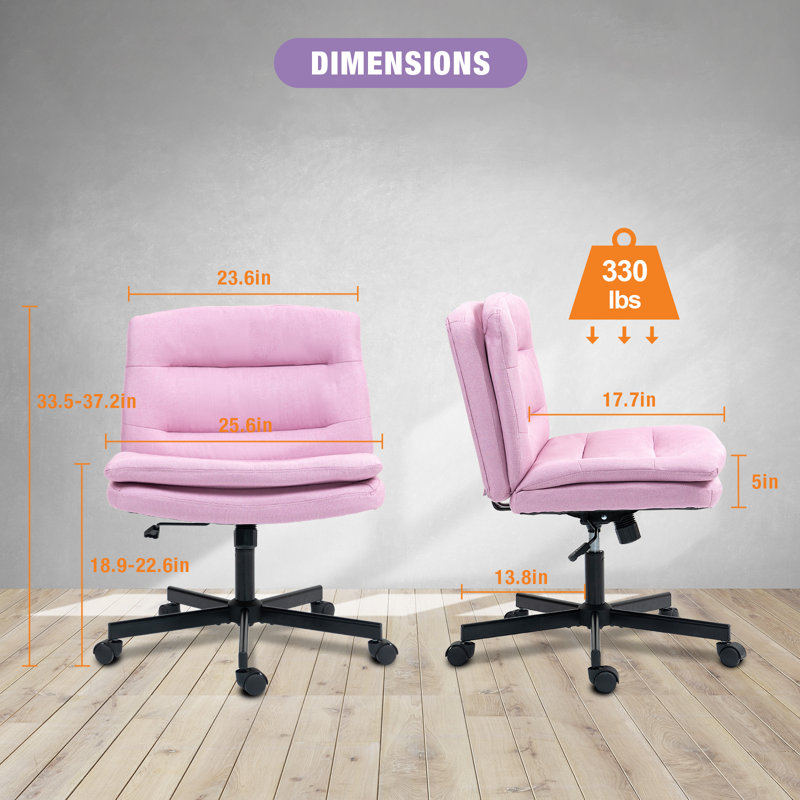 Criss Cross Legged Chair Ergonomic Home Office Desks Chair Armless Swivel Wide Comfy Chair With Casters, Linen, Pink