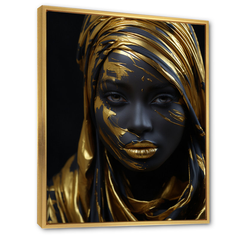 Gracieuse déesse afro-américaine dorée I - impression, H 32 po x l 16 po x P 1 po, Cadre flottant doré