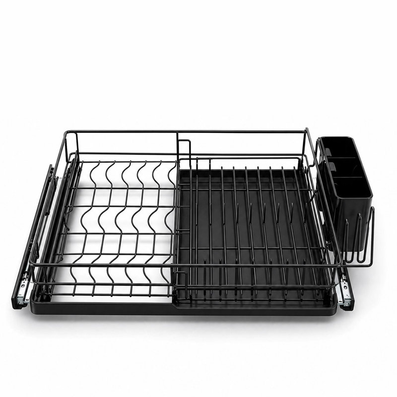 Pull Out Dish Rack Single Layer with 3 Compartments Kitchen Countertop Organizer