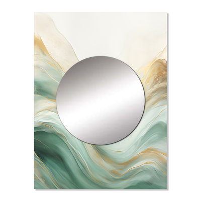 Vicenza Gold And Green Soft Wave Fusion I - Abstract Shapes Decorative Wall Mirror, Beige Mirror, Printed Metal Art