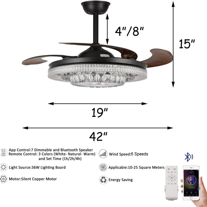 42" Dayrin 4- Blade LED Smart Bluetooth Crystal Celling Fan with Remote Control Included