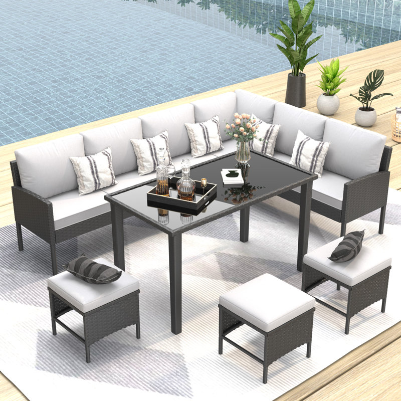 7-Piece Outdoor Patio Furniture Set – Waterproof Cushioned Seats & Glass Table Included, Light Gray