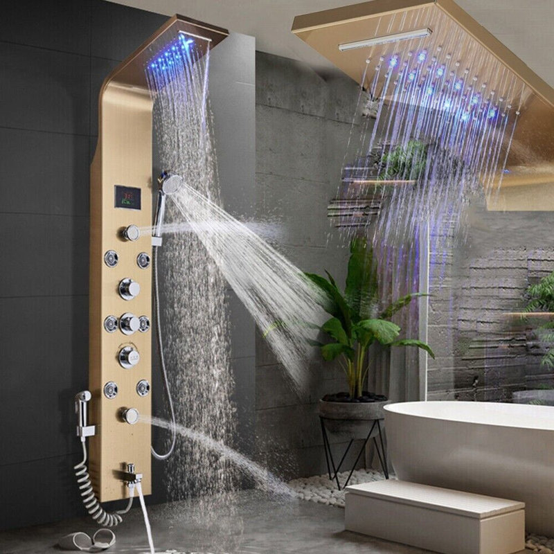 Gold LED Shower Panel Column Tower Stainless Steel Body Jet Shower Mixer System