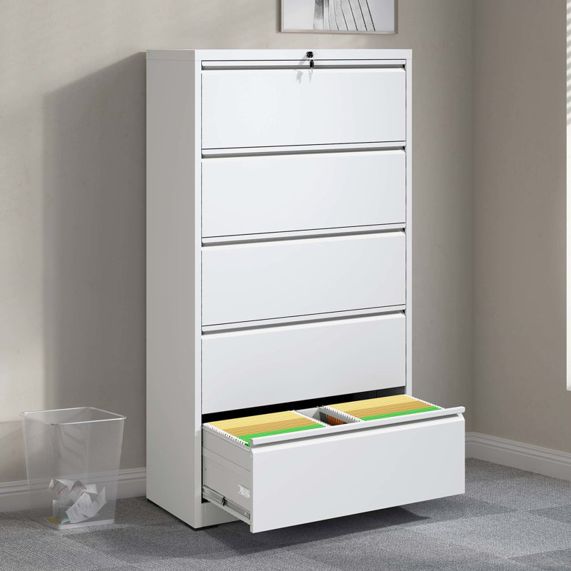 Classeur latéral en métal avec serrure, 5 tiroirs blanc pour le bureau personnel, classeur verrouillable, Blanc