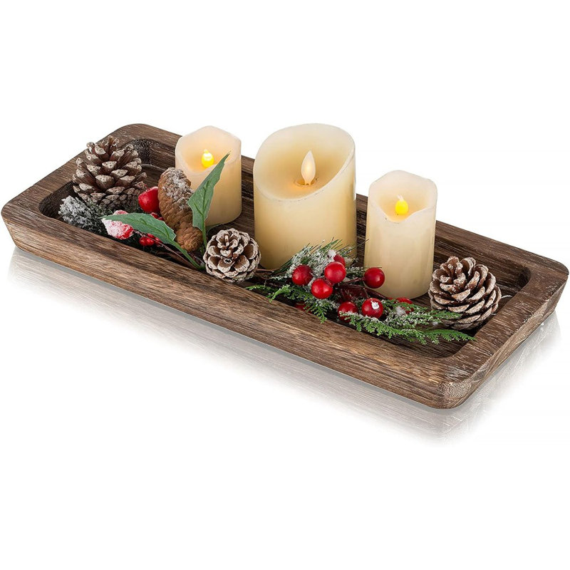 Wooden Decorative Tray And Candle Holder, Rustic Long Narrow Tray For Coffee Table, Dining Room, Kitchen, And Home Decor