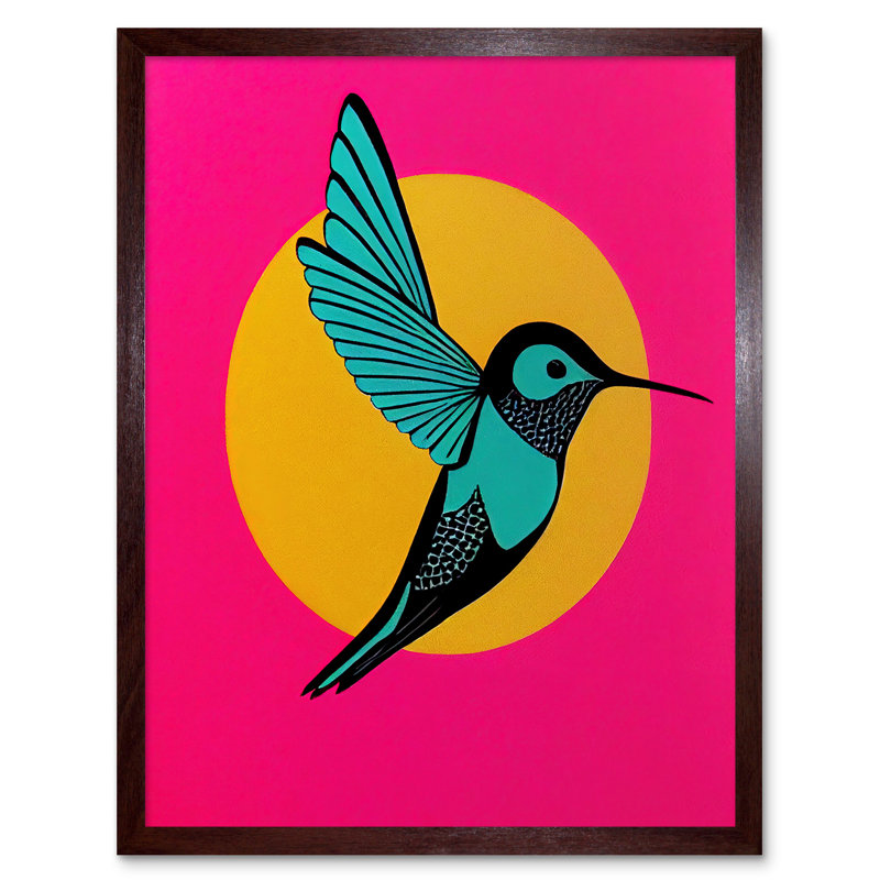 Vibrant Retro Pop Art Hummingbird - Print, Brown Framed Paper, 43cm H x 33cm W x 2cm D