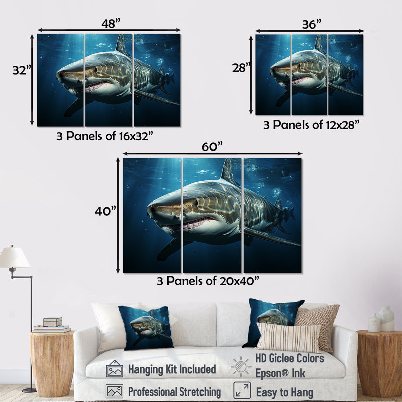 Océan, requin fantôme bleu, ensemble d'art mural, H 32 po x l 48 po