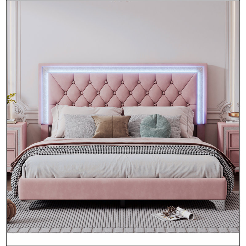 Structure de lit tapissier avec lumières DEL, lit plateforme moderne en velours avec tête de lit capitonnée en cristal, Rose
