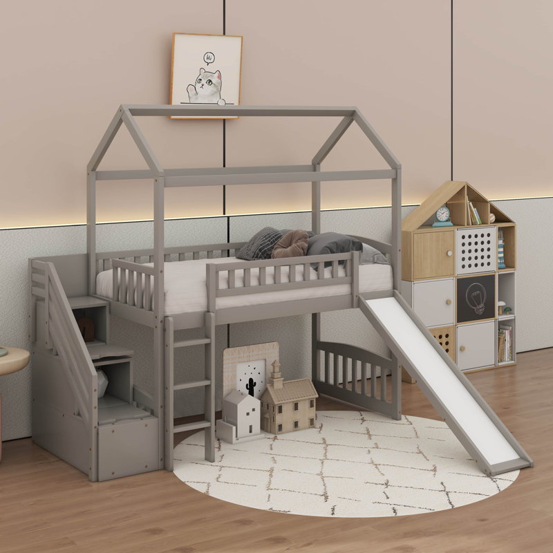 Twin Loft Bed With Slide, Gray