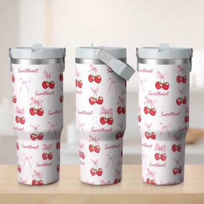 Gobelet 30 oz avec couvercle et poignée Gobelets isothermes en acier inoxydable Bouteille d'eau mignonne avec bascule (cerise)