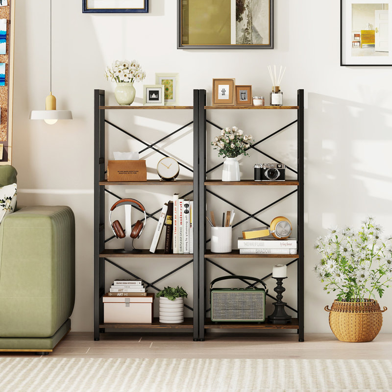 Bibliothèque à 4 niveaux avec structure en métal et supports de rangement en bois pour le salon, brun rustique et noir