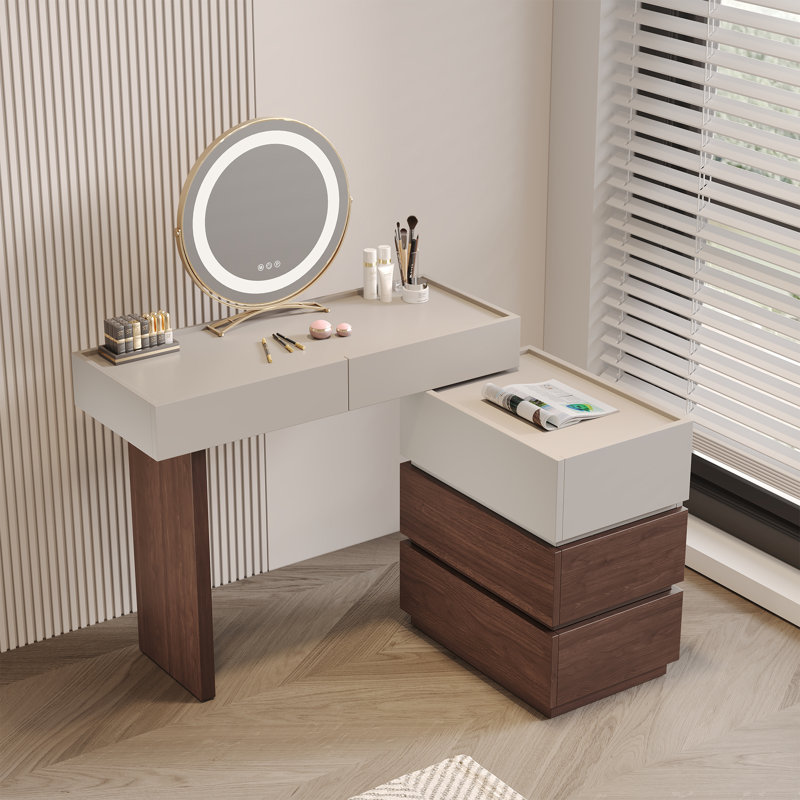 Modern 360° Rotating Makeup Vanity With 5 Drawers, Vanity Table With High Edge, Convertible L-Shaped/ Rectangular Dressing Table With Painted Mdf Top