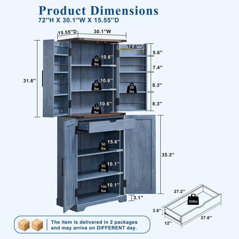 Garde-manger de 72 po Aaleah avec 12 tablettes de porte, 6 tablettes réglables et 1 tiroir profond, Bleu