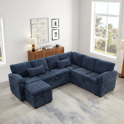 Canapé d'angle modulaire en L 97 po avec siège et repose-pieds de rangement en L 97 po, canapé d'angle en chenille avec 7 sièges et 2 coussins pour le salon