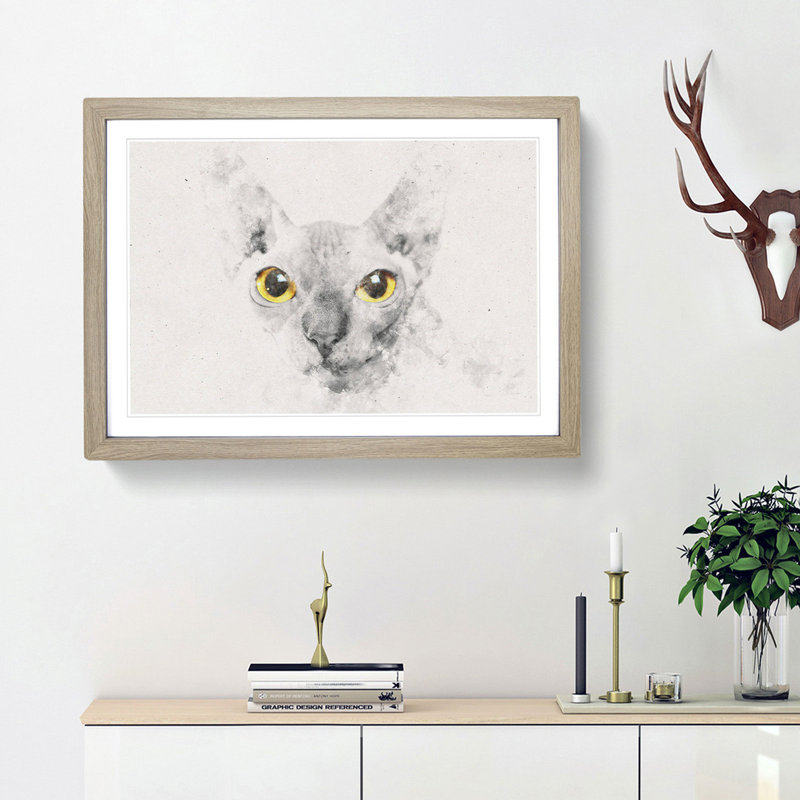 Sphynx Cat with Amber Eyes - Picture Frame Graphic Art Print, Oak Framed, 62cm H x 87cm W x 2cm D