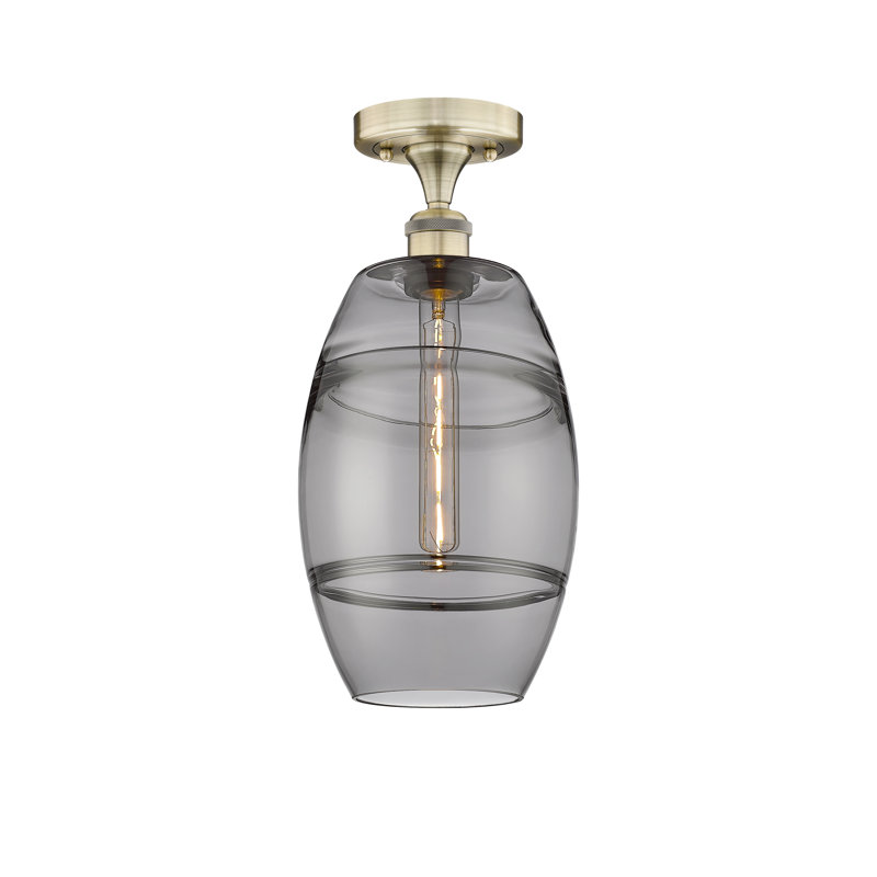 Plafonnier semi-encastré 1 lumière Edison - Abiagael, Laiton antique, Gris fumée clair, H 10 po x l 8 po x P 8 po
