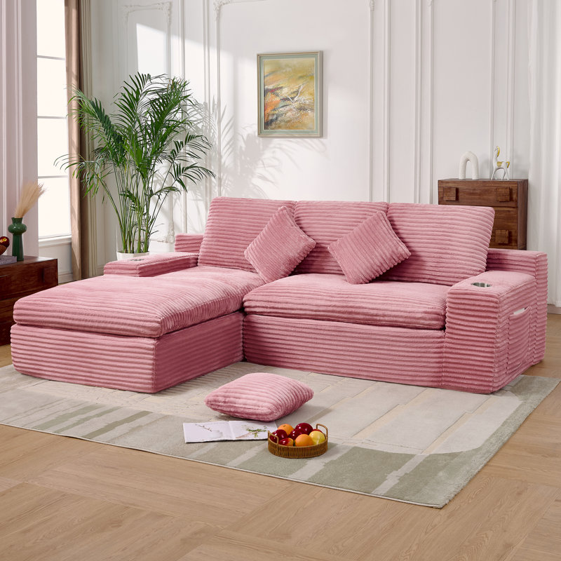 98.4" Upholstered Modular Sofa Corduroy Compression Sofa & Chaise with Cupholders and Side Pockets - No Assembly Required