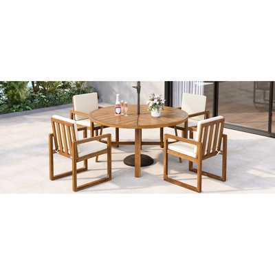 5 - Piece Outdoor Dining , Wood, 2 Inch Umbrella Hole, Removable Cushions, Water , Easy Assembly Beige Patio Of Four Armchairs With Comfortable Round Table Frame For Garden Enjoyment