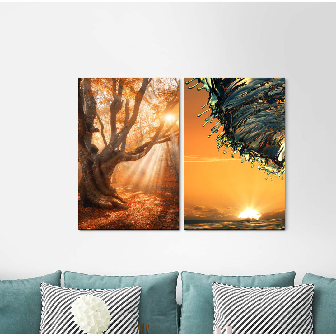 2-tlg. Leinwandbilder-Set - Grafikdruck „Tree Sunbeams Magic Sea Waves Sunset Positive Energy”